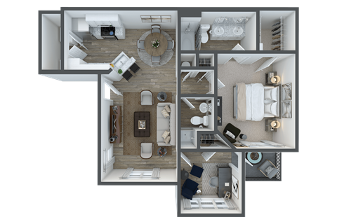 Floor plan for 1 bed, 2 baths, 940 sqft